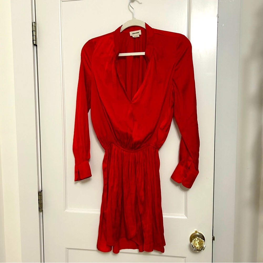 Zadig & Voltaire Red Rinka Mini Dress XS Long Sleeve V-Neck Parisian Chic